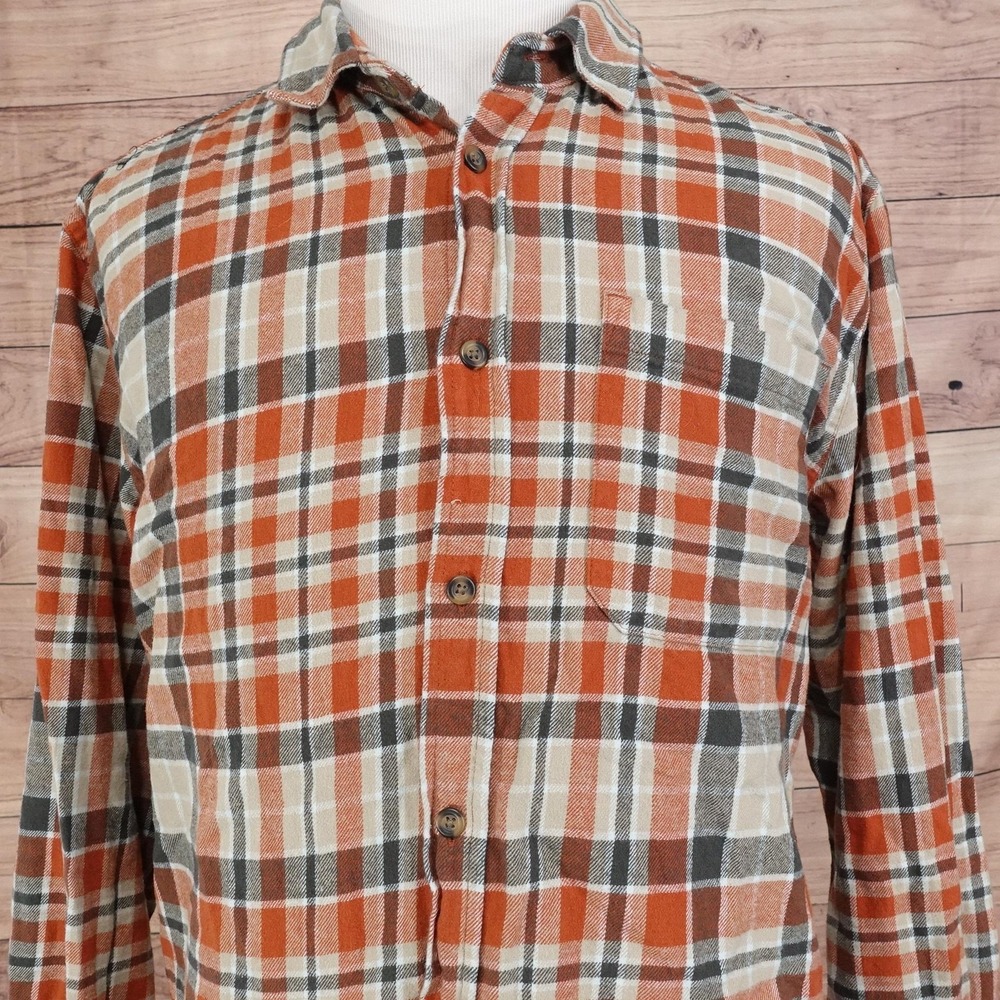 Eddie Bauer Shirt Mens 2XL Orange Plaid Long Sleeve Button-Up Flannel Cotton